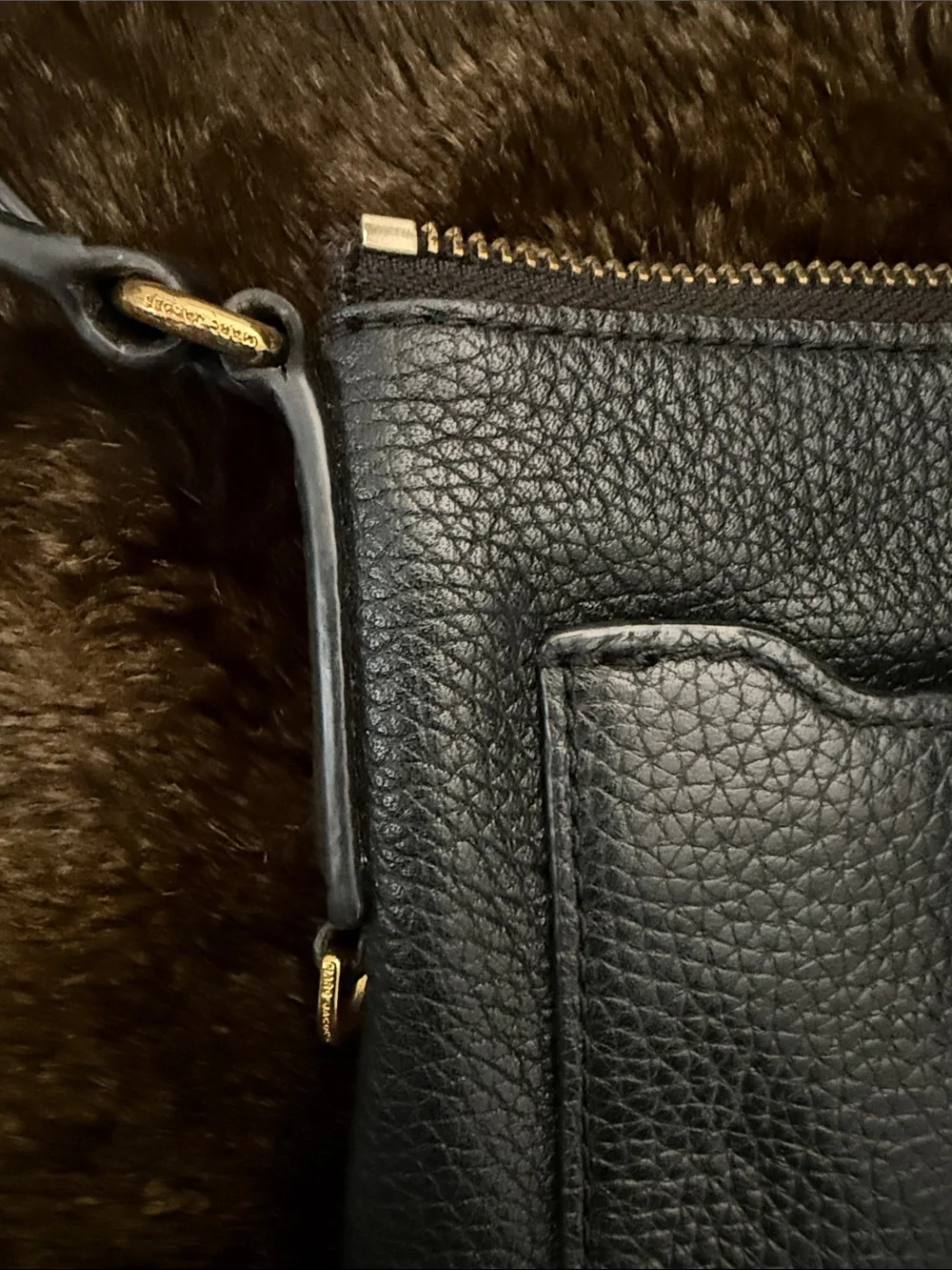Marc Jacobs Black Pebbled Leather Slide-Pocket Crossbody with Gold Hardware